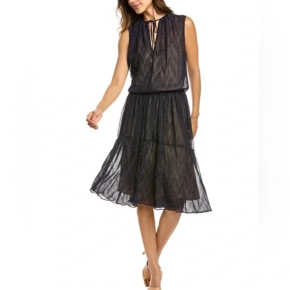 Vince Starry Dot Tiered Midi Dress in Blue Size Large - Picture 2 of 14